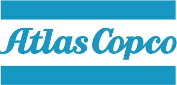 Atlas-Copco-Logo mit dem Schriftzug ‚Atlas Copco‘ in geschwungener hellblauer Schrift zwischen zwei waagerechten Balken; Atlas Copco ist ein internationaler Hersteller von Kompressoren, Drucklufttechnik und Industrieausrüstung.